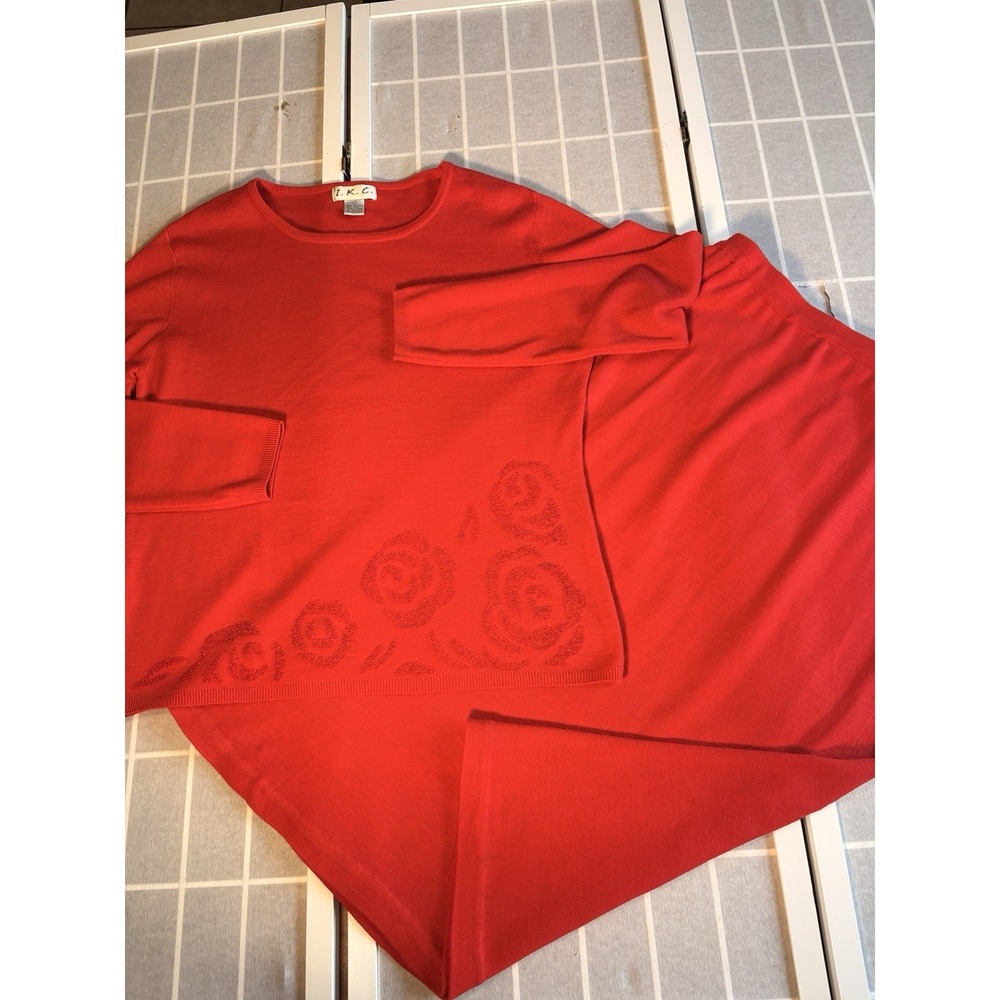 Vintage Sz L Red Wool Blend Knit Sweater Midi Skirt Set Beaded Floral Croquette